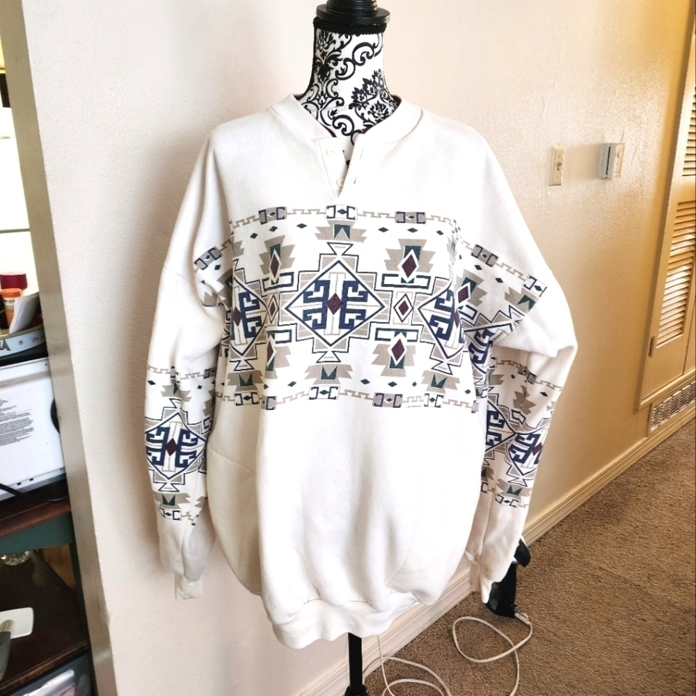 𝅺Vintage 90s Y2k Aztec Polo Sweatshirt Art Unlimited Sports Wear XXL Plus Size